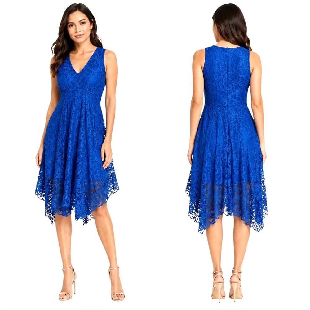 Neiman Marcus Blue Lace Handkerchief Hem Dress Size 10 NWT Sleeveless A-Line